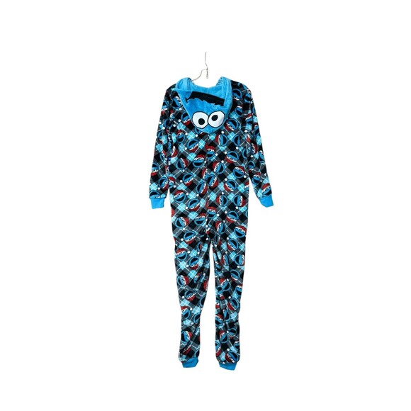 C201 Sesame Street Cookie Monster One Piece Pajamas Santa Hat Blue Size Small - Picture 2 of 5